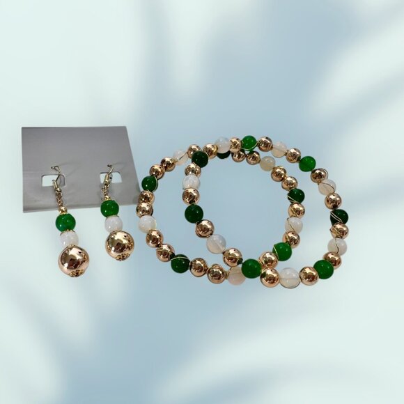2 Natural Jade & Opaline Wire Bangle Bracelets Matching Earrings GIFTS UNDER $20 - Picture 2 of 5